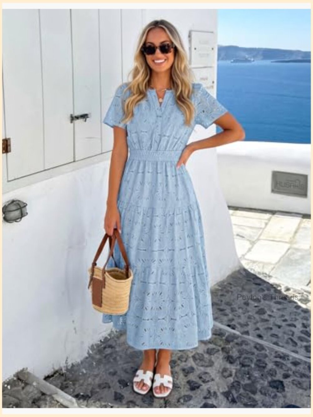 Summer Boho Floral Maxi Dress with Eyelet Lace Short Sleeve A-Line Tiered Flowy - Picture 3 of 7